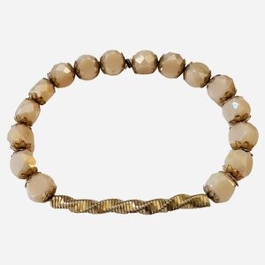 Gold Tone Faceted Champagne Crystal Beaded Elastic Bracelet Gift Pouch VG